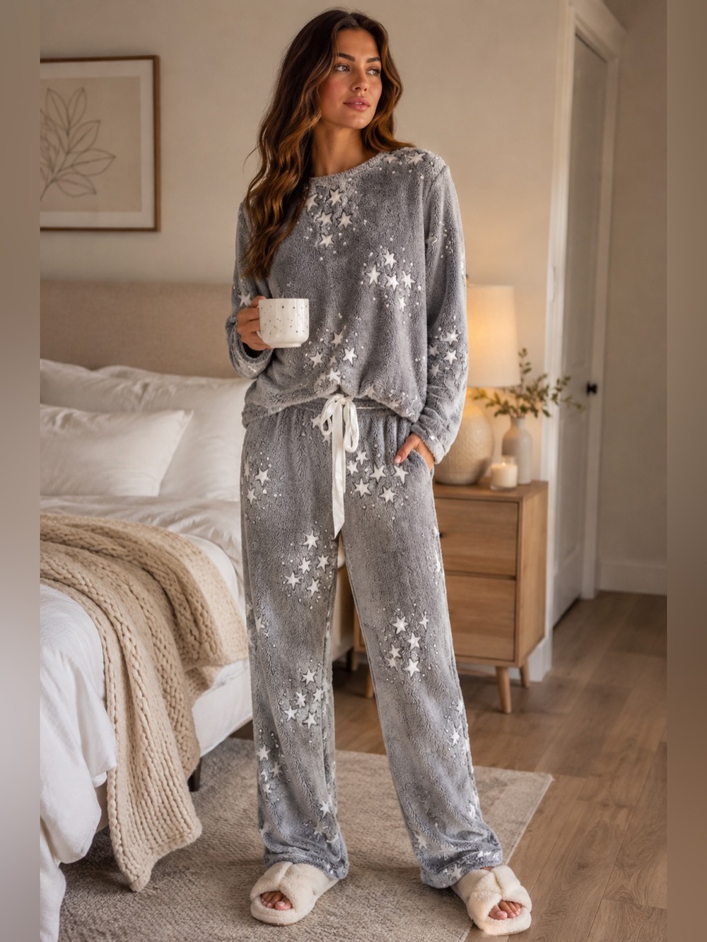 Bearpaw Size 2X Plush Star Print Fleece Pajama Lounge Set Gray NWOT